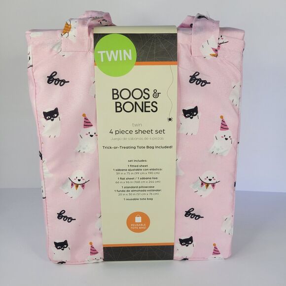 Halloween Pink White Cute Ghosts Boos & Bones TWIN 4pc Sheets Set Girls Bedding - Picture 4 of 11